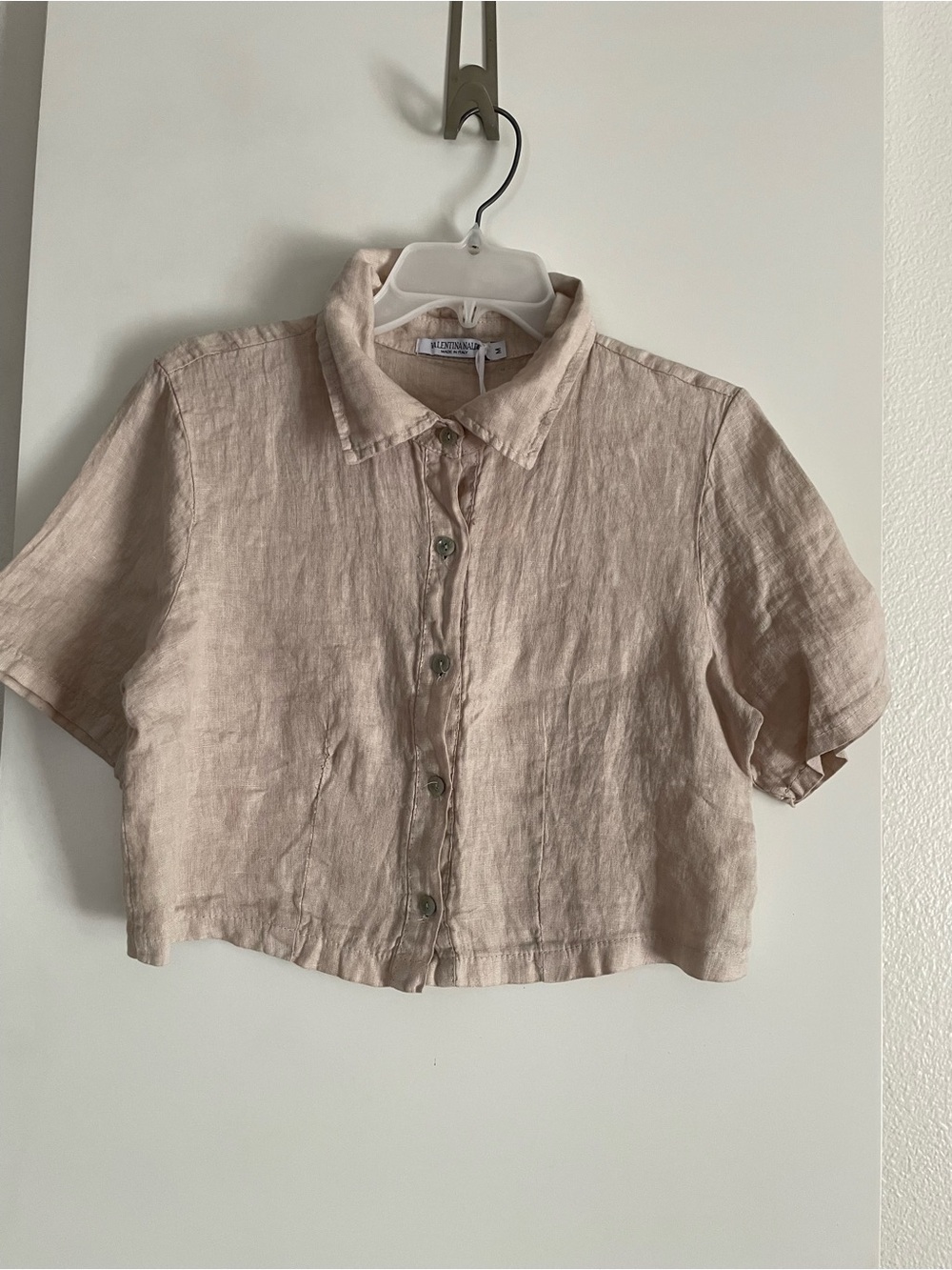 M- Valentina Naldi Italy- Linen Short Sleeve Button Down Shirt Beige NWT! - Picture 2 of 10